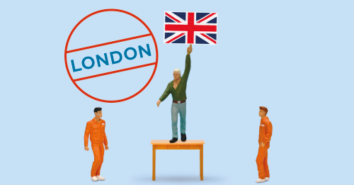 amasol miniature world with a desk, the Union Jack, a stamp with London and miniature people