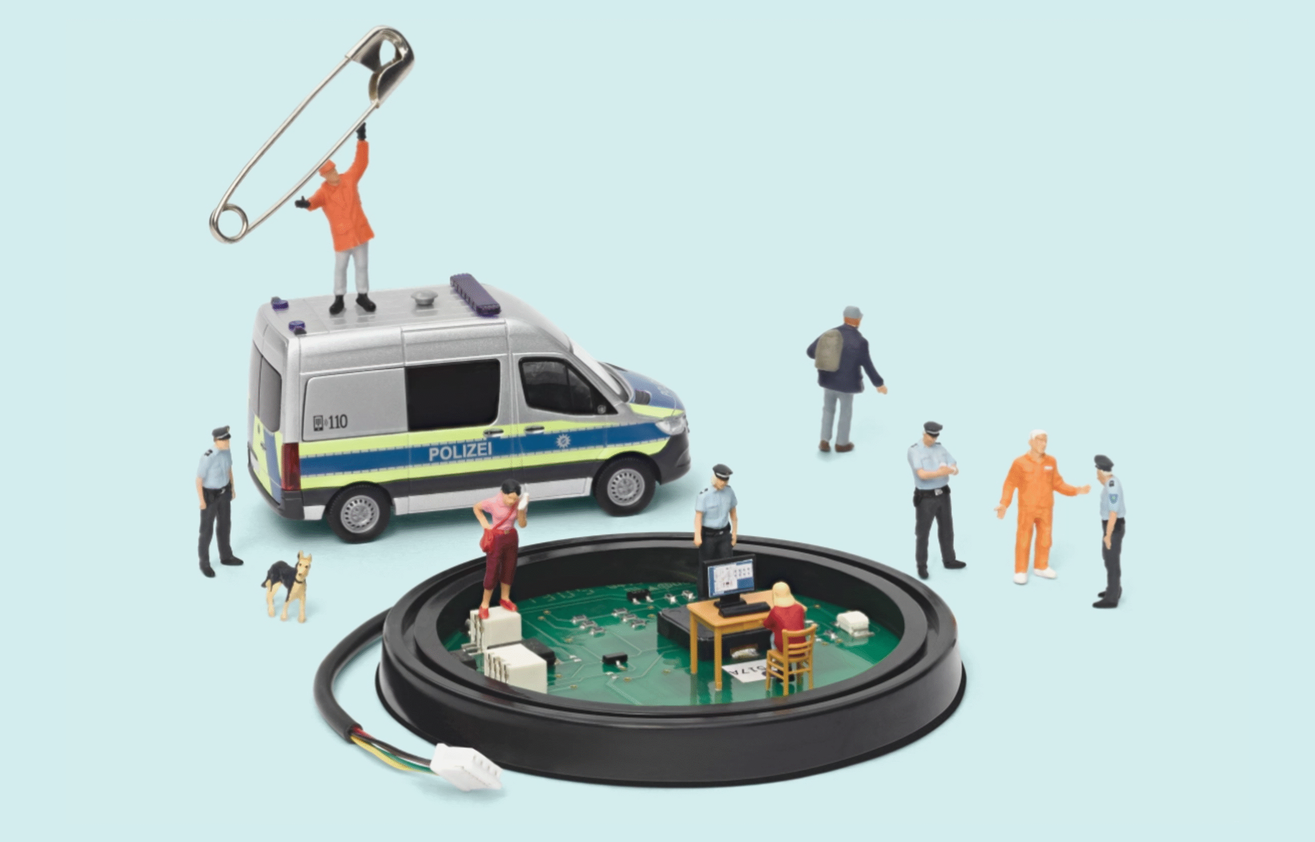 amasol miniature world with a police car, hackers and other IT relevant miniature people