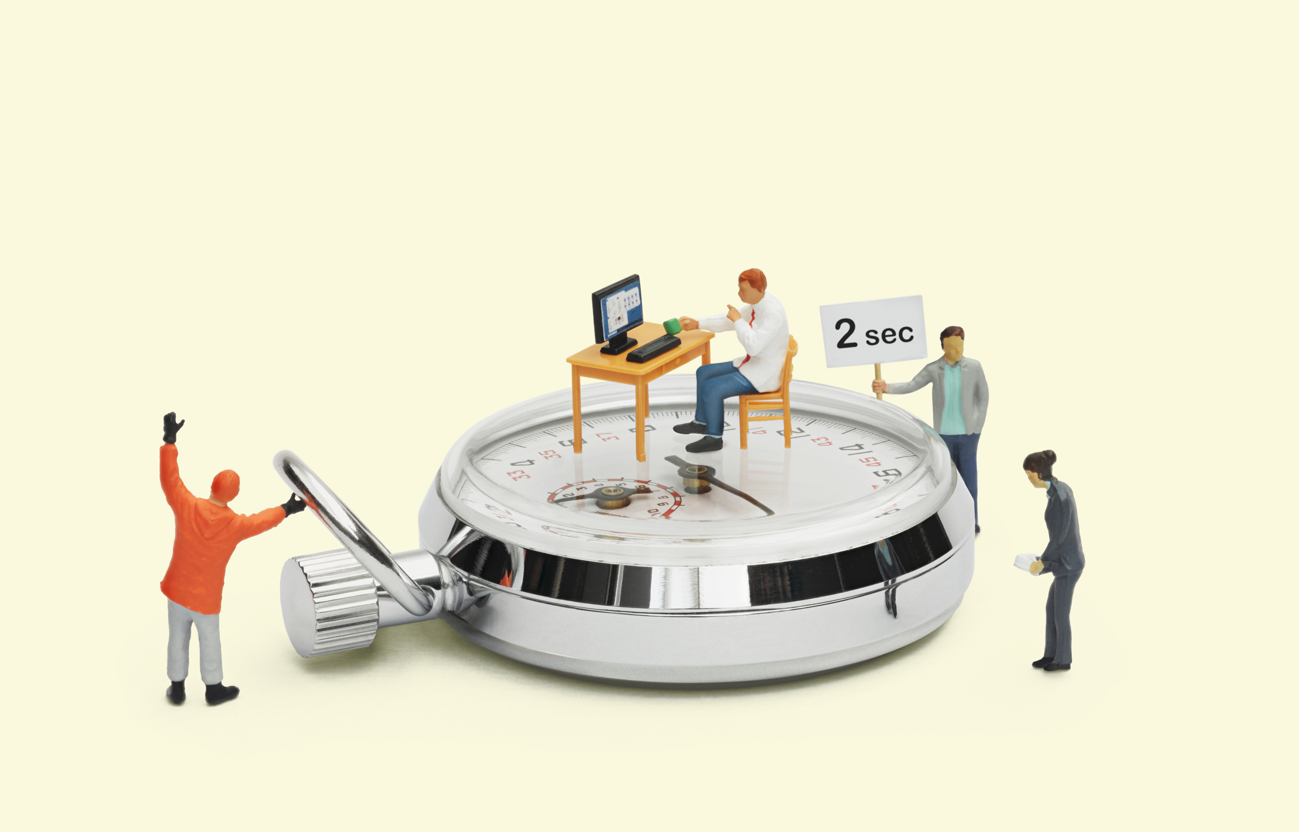 amasol miniature world with a stopwatch, a desk and a banner saying 3 seconds
