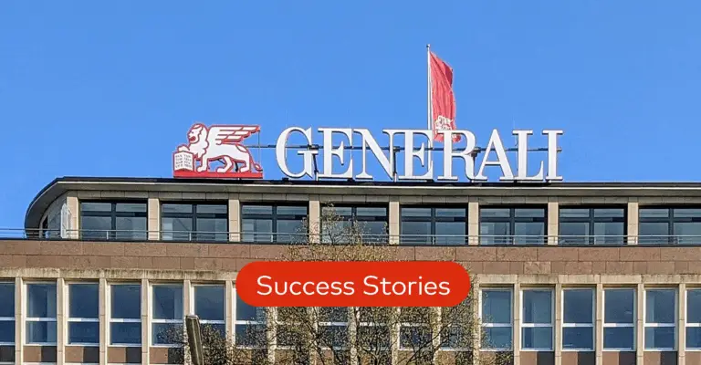 Banner for Customer Success Stories, with a building and Generali's Logo on top