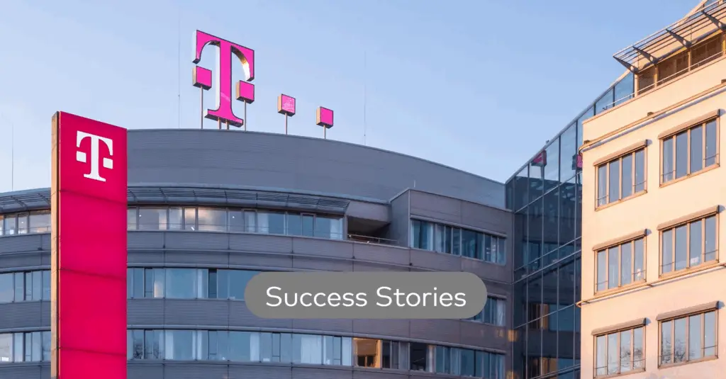 Banner for Customer Success Stories, with a building and Telekom's Logo on top