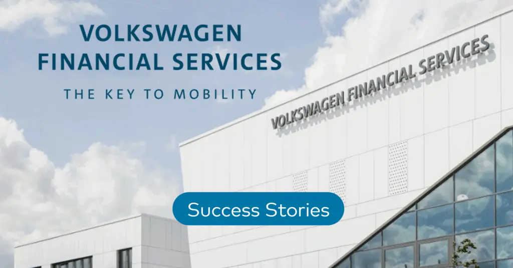 Banner for Customer Success Stories, with a building and VW FS's Logo on top