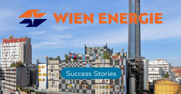 Banner for Customer Success Stories, with a building and Wien Energie's Logo on top