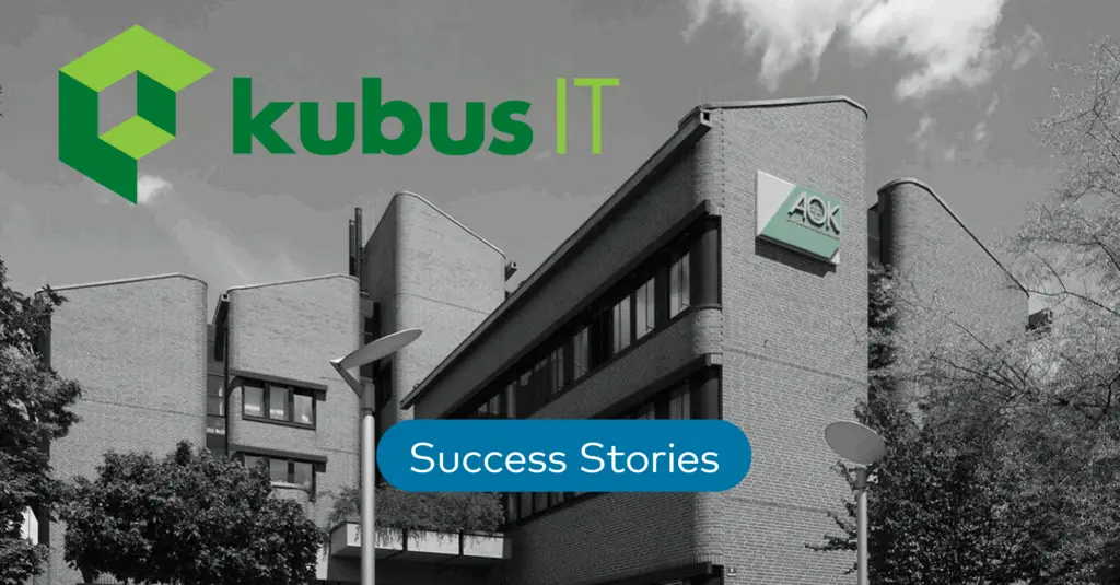 Banner for Customer Success Stories, with a building and kubus IT's Logo on top