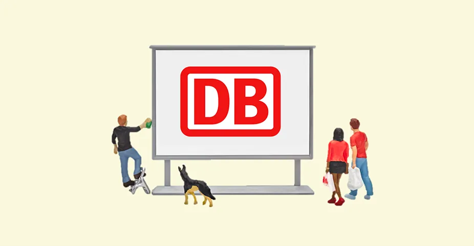 Miniature people standing around a screen displaying the Deutsche Bahn logo.