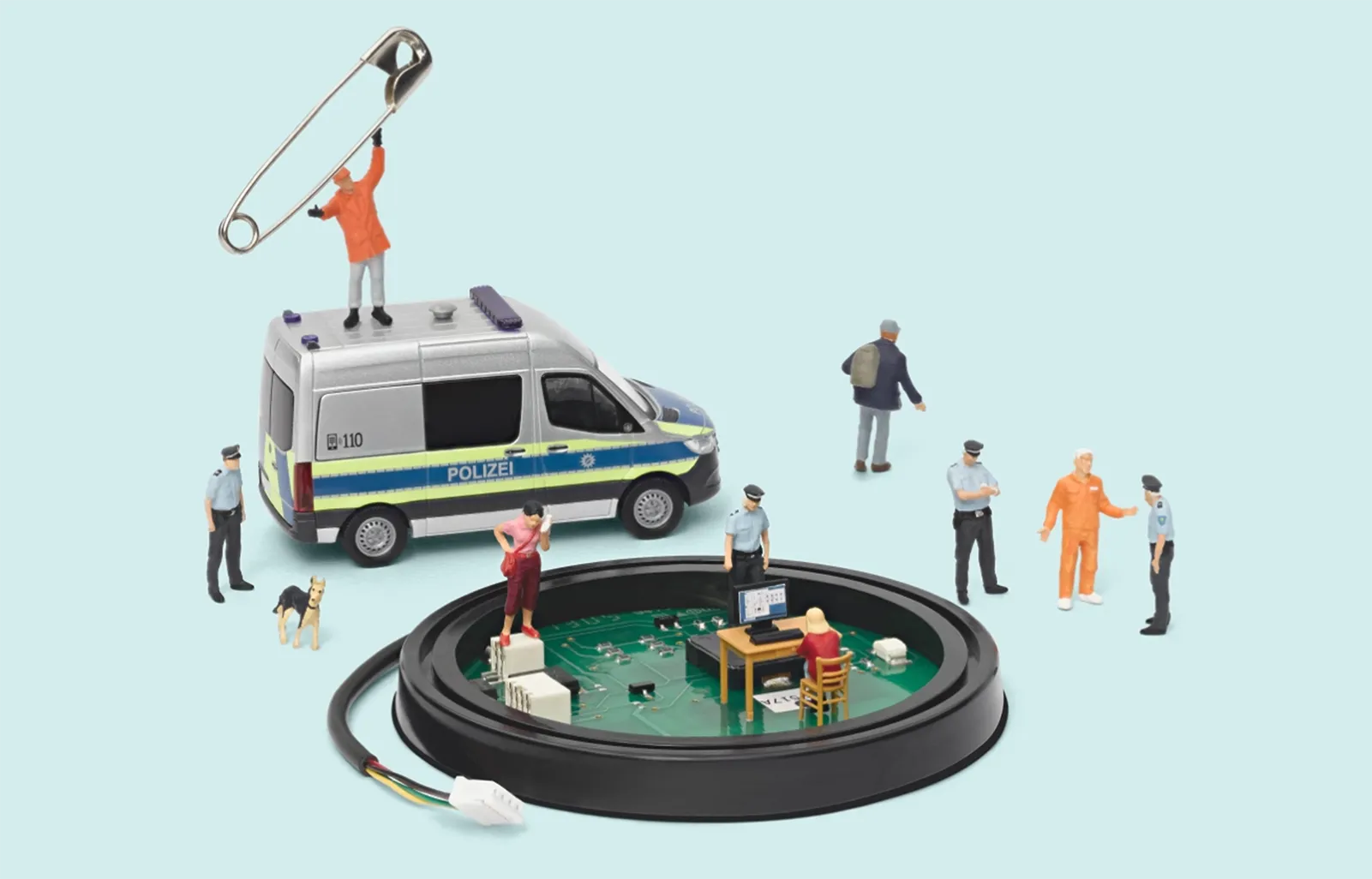 Cybersecurity scene with miniature people and police officers around a circuit board, representing threat detection and early warning systems.